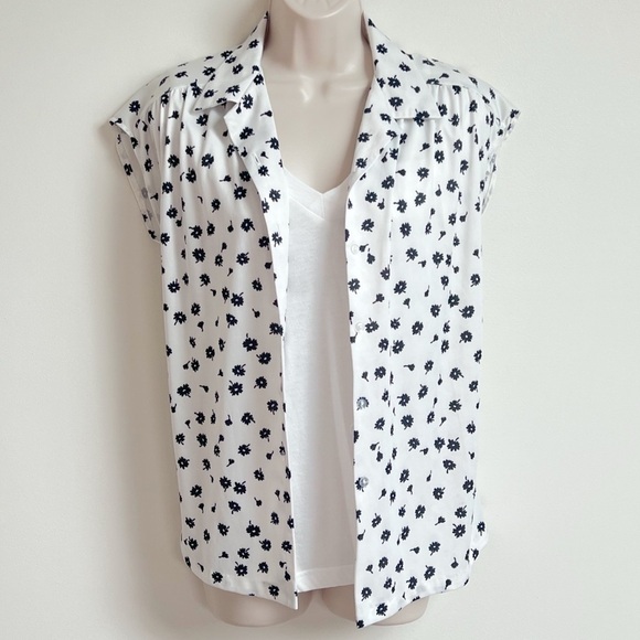 Vintage floral cap sleeve button down blouse top size small white black - Picture 1 of 9
